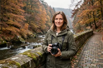 Photographe professionnelle dans les forêts des Ardennes avec son appareil photo reflex