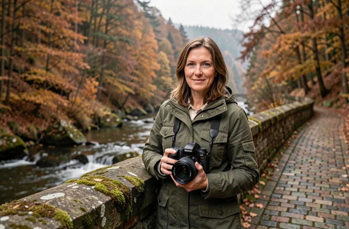 Photographe professionnelle dans les forêts des Ardennes avec son appareil photo reflex
