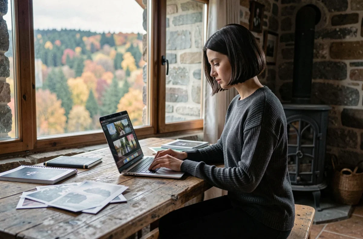 Photographe traitant ses photos sur ordinateur dans un gîte des Ardennes en automne