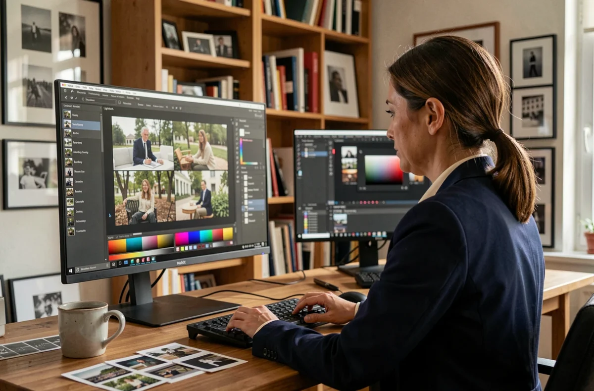 Photographe féminine retouchant des photos sur écran calibré dans un bureau de post-production à Besançon