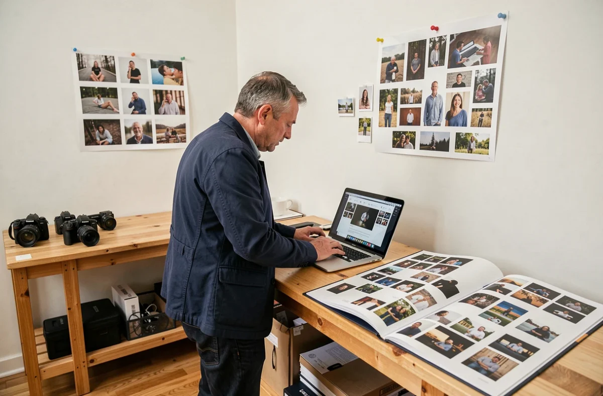 Photographe examinant des clichés sur un ordinateur dans un studio photo professionnel