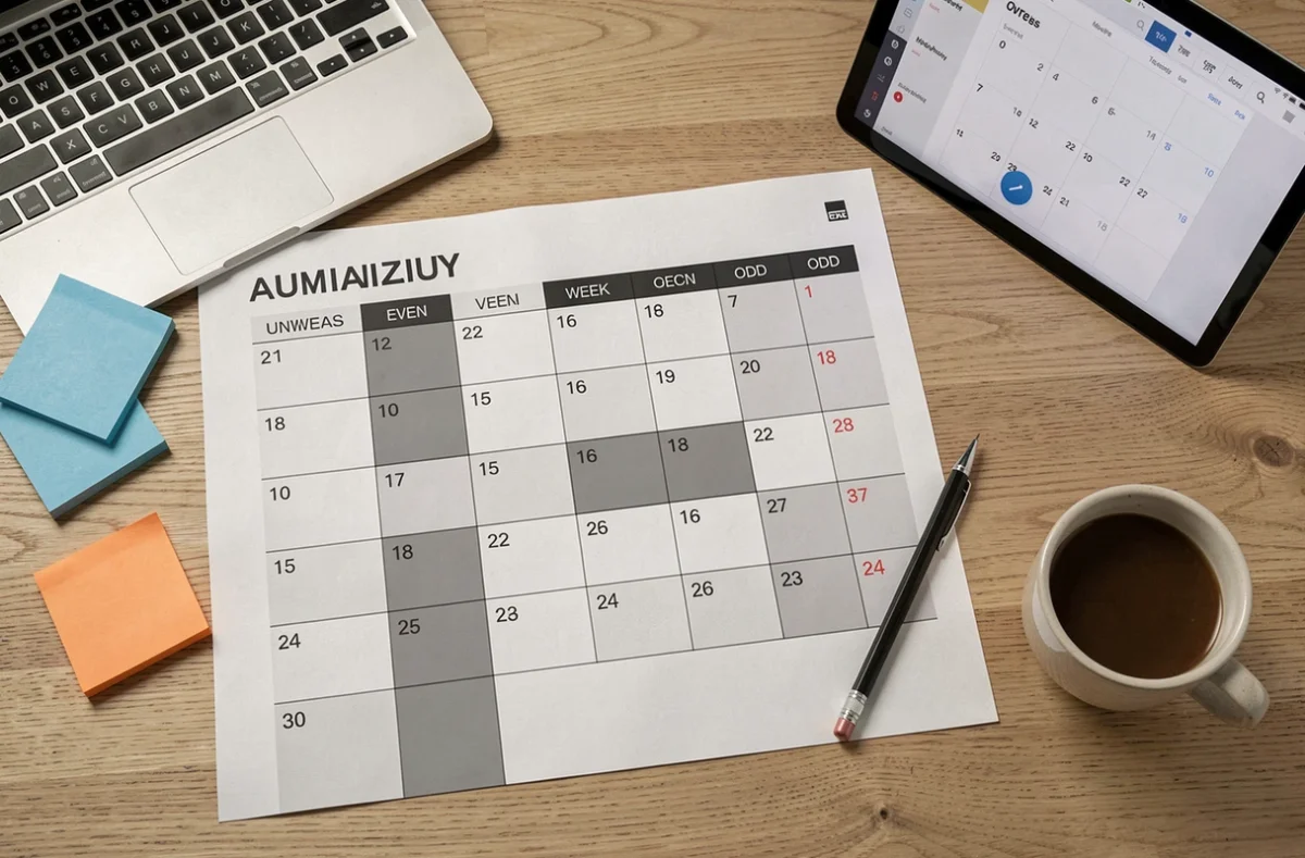 Vue aérienne d'un planning annuel imprimé avec semaines paires et impaires entouré d'outils de bureau sur une table en bois clair
