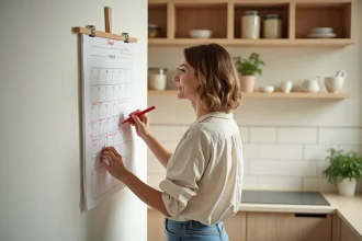 Femme organisant son planning ménager sur un calendrier mural avec semaines paires et impaires dans une cuisine moderne