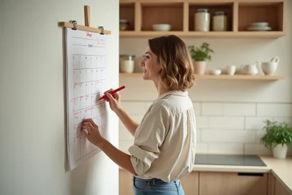 Femme organisant son planning ménager sur un calendrier mural avec semaines paires et impaires dans une cuisine moderne