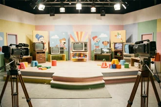 Plateau de télévision vintage des années 80 avec décors colorés typiques d'une émission jeunesse française style Club Dorothée