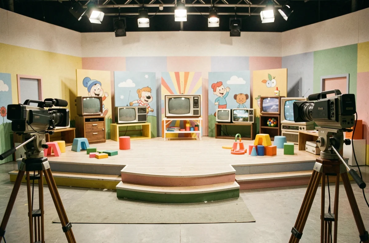 Plateau de télévision vintage des années 80 avec décors colorés typiques d'une émission jeunesse française style Club Dorothée