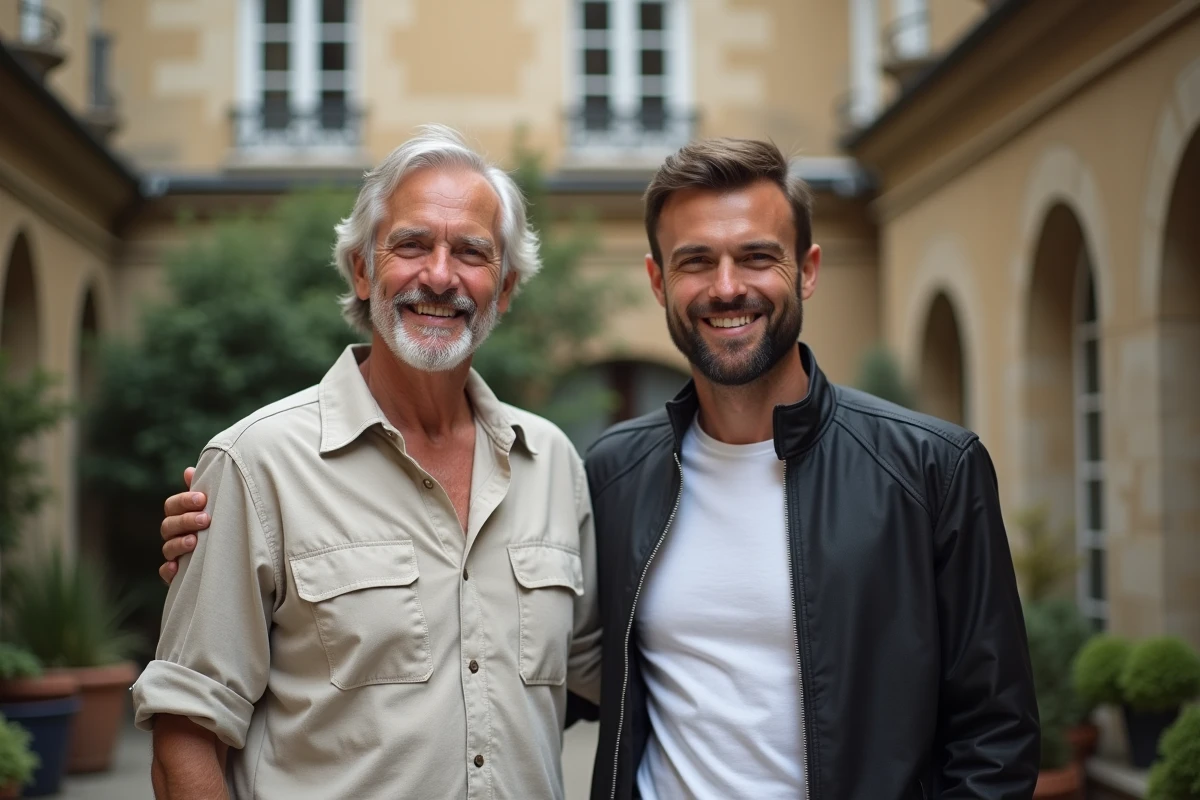 Portrait de deux hommes de générations différentes dans une cour parisienne, évoquant la thématique des origines familiales et des liens père-fils