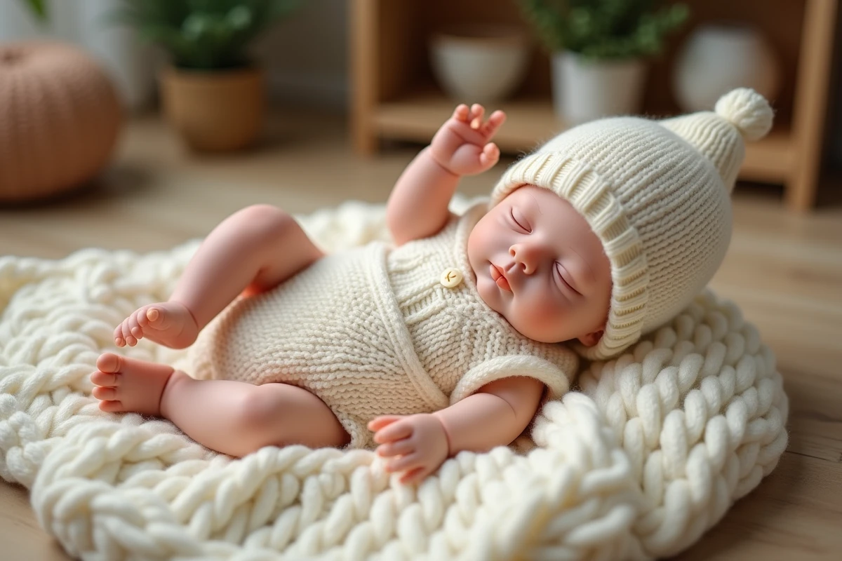 Poupée reborne en silicone habillée d'une grenouillère tricotée posée sur une couverture en laine dans un intérieur de nursery, pieds nus avec détails réalistes