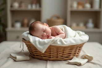 Poupée reborne en silicone haute gamme posée dans un panier en osier, détails de peau réalistes et cheveux mohair enracinés à la main dans un atelier artisanal