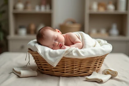 Poupée reborne en silicone haute gamme posée dans un panier en osier, détails de peau réalistes et cheveux mohair enracinés à la main dans un atelier artisanal