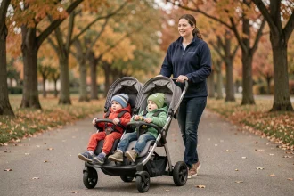 Assistante maternelle poussant une poussette 4 places Familidoo avec quatre enfants en bas âge dans un parc en automne