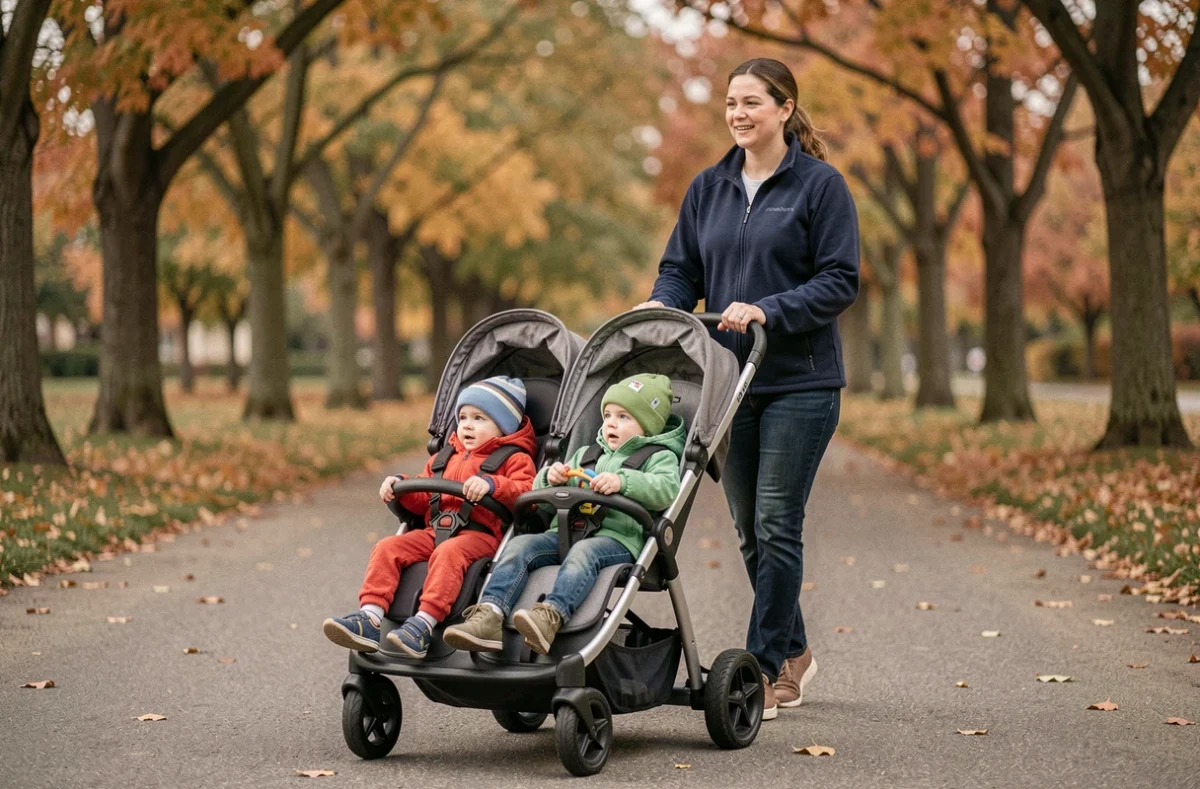 Assistante maternelle poussant une poussette 4 places Familidoo avec quatre enfants en bas âge dans un parc en automne