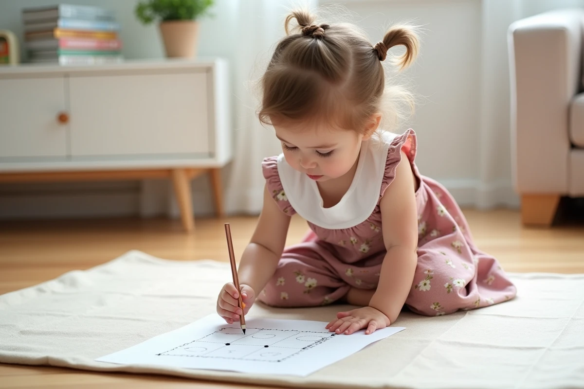 Fillette de 2-3 ans qui s'entraîne sur une activité de relier les points imprimée pour préparer l'entrée en petite section maternelle