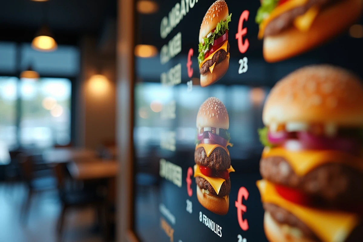 Panneau de prix digitaux McDonald's affichant le tarif du Happy Meal en euros et en francs suisses