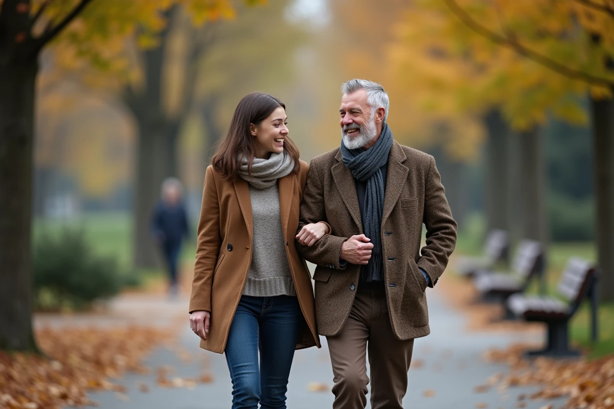 Fille et père marchant dans un parc en automne en riant