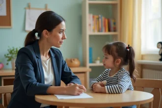 Psychologue écoutant attentivement une enfant lors d'une séance de médiation dans un bureau adapté aux enfants