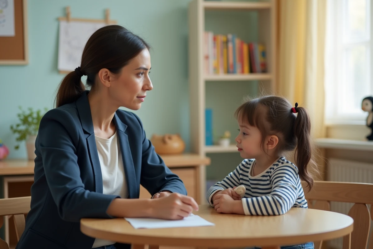 Psychologue écoutant attentivement une enfant lors d'une séance de médiation dans un bureau adapté aux enfants