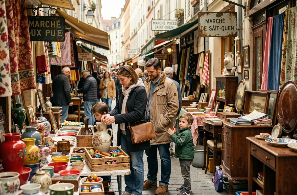 Famille parcourant les étals d'antiquités et d'objets vintage aux Puces de Saint-Ouen