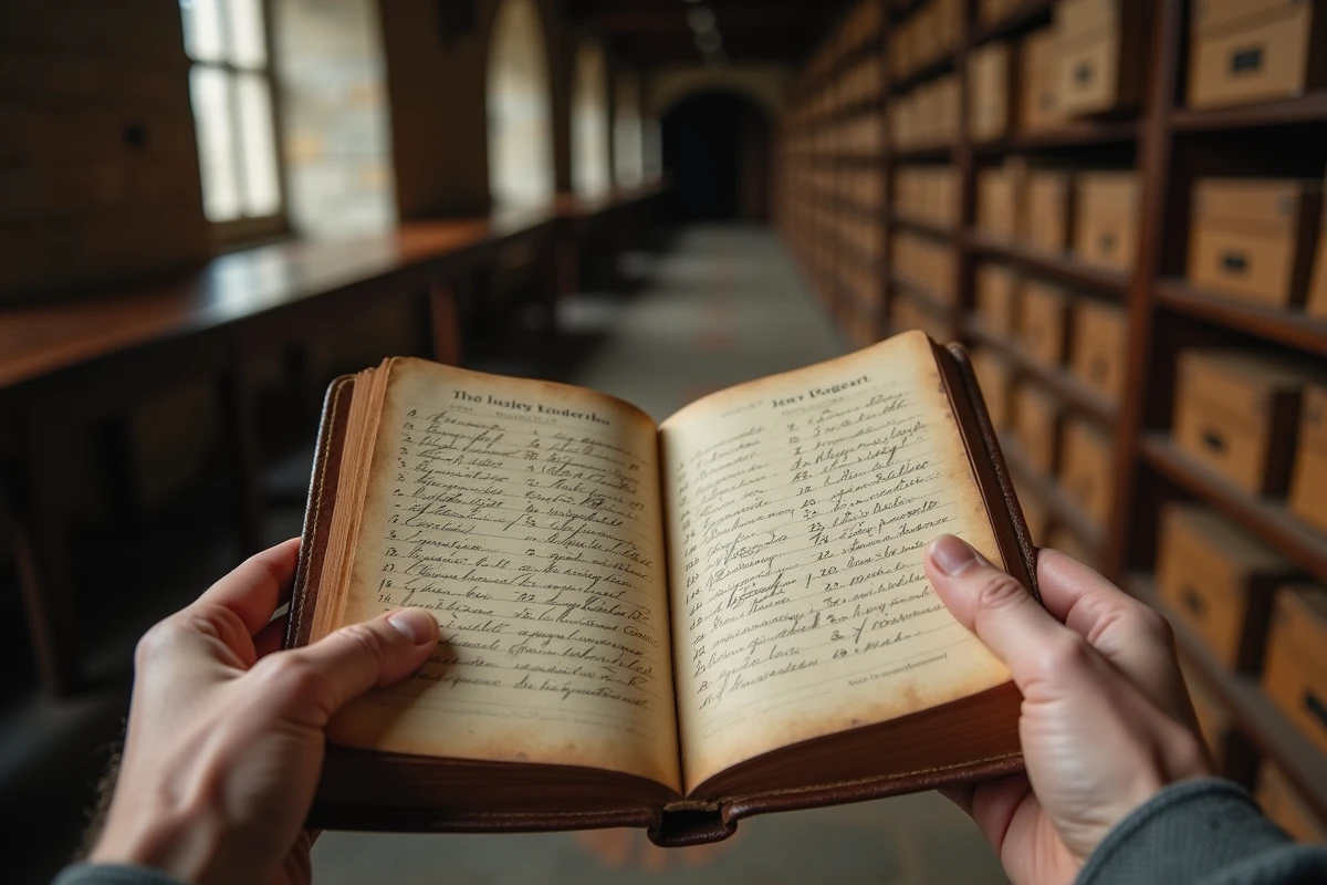 Mains tenant un registre d'archives ancien pour retrouver les origines du nom de famille Albrad
