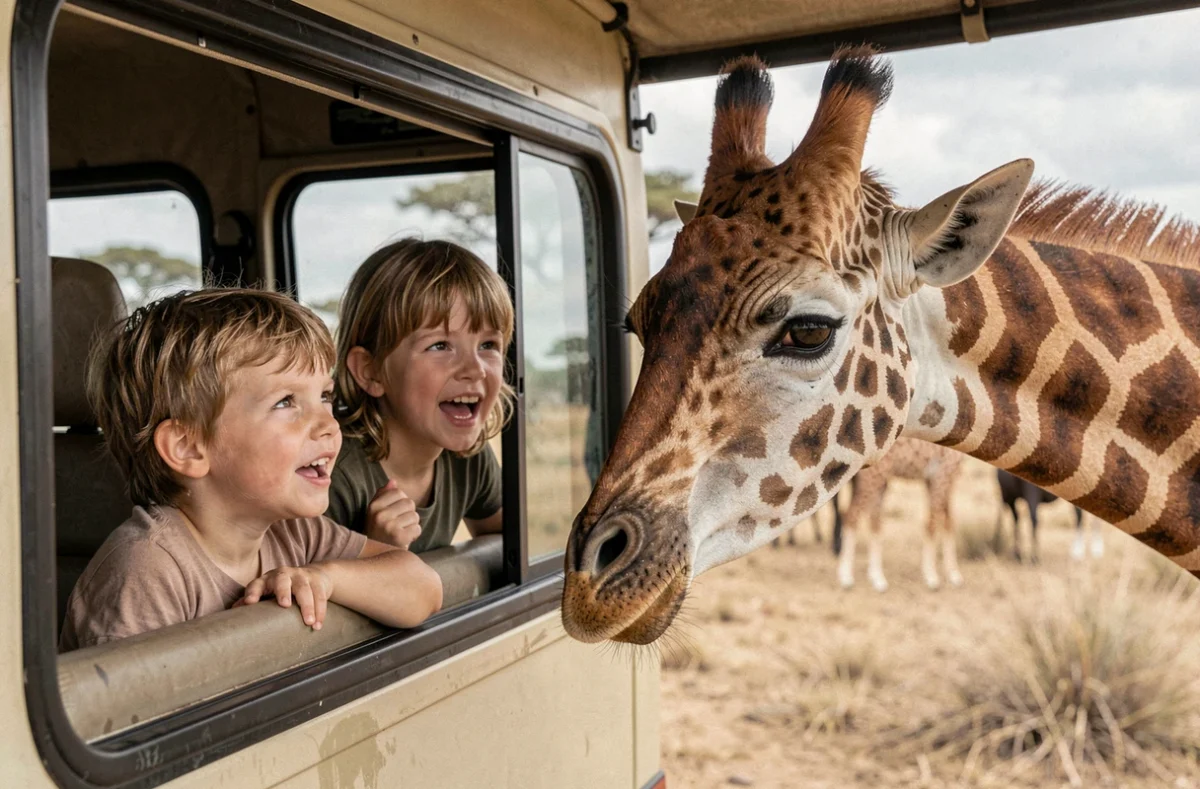 Famille observant une girafe en safari au Parc de Thoiry dans les Yvelines