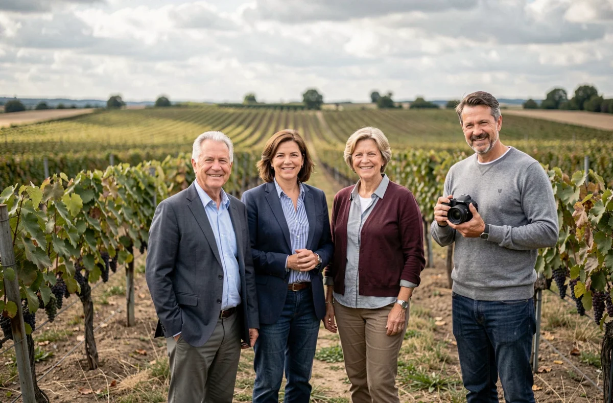 Séance photo de groupe en extérieur dans les vignes du Lot-et-Garonne près de Marmande, photographe guidant ses sujets naturellement