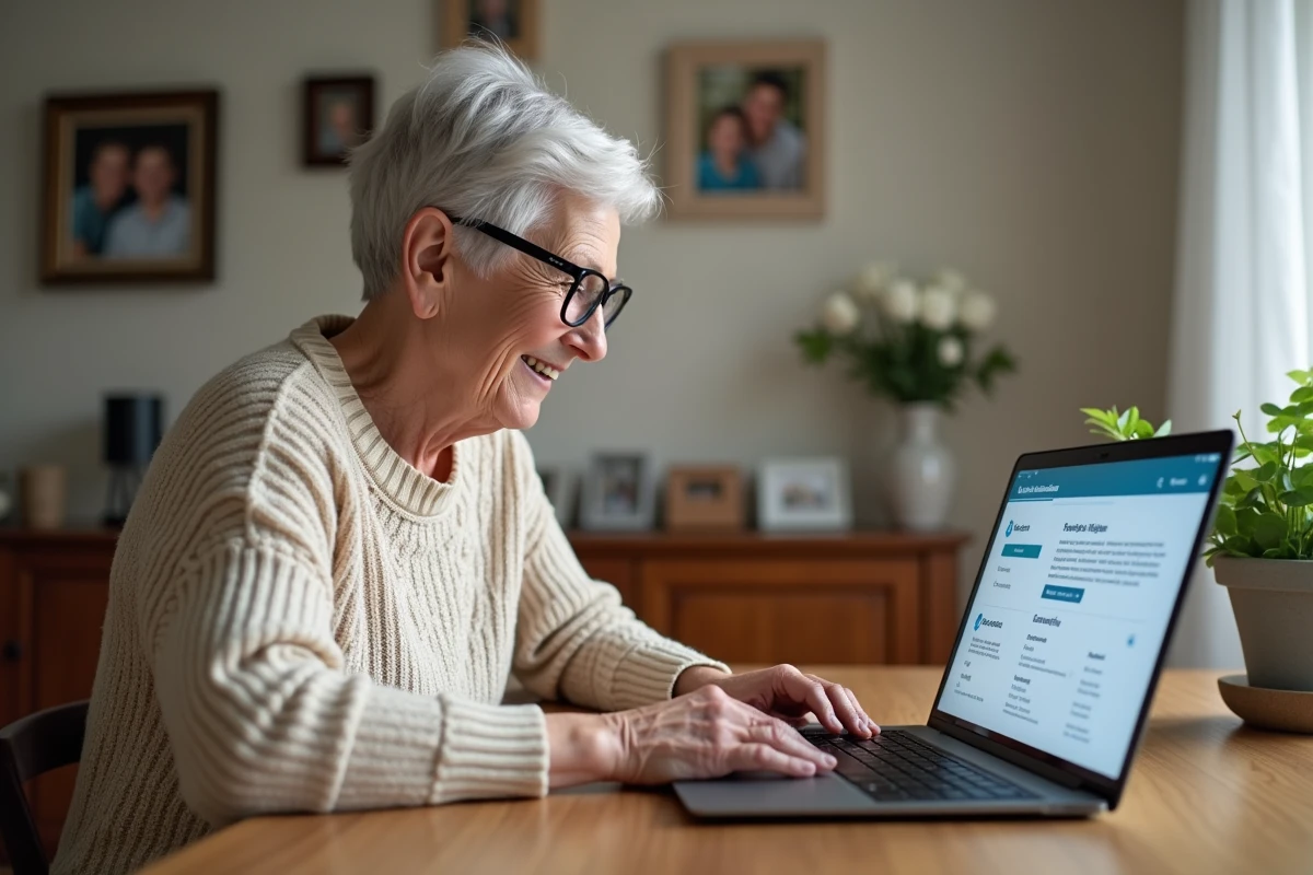 Femme &acirc;g&eacute;e utilisant un ordinateur pour acc&eacute;der au portail familial