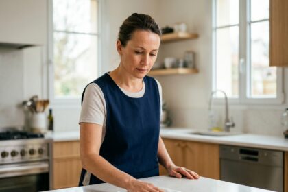 Employée de ménage professionnelle en tablier bleu marine nettoyant un plan de travail dans une cuisine moderne à Metz