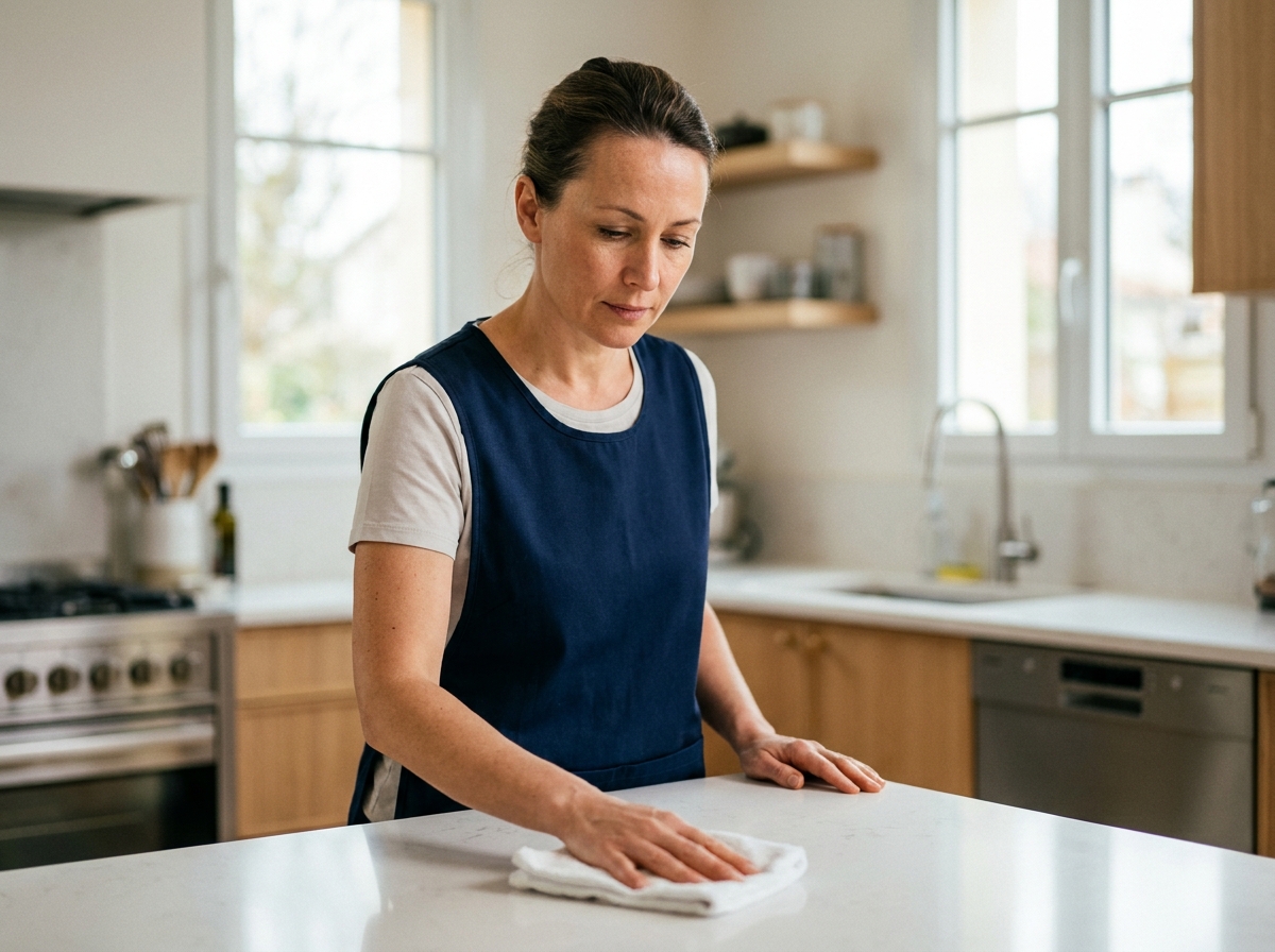 Employée de ménage professionnelle en tablier bleu marine nettoyant un plan de travail dans une cuisine moderne à Metz