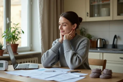 Jeune mère concentrée devant son ordinateur portable pour simuler ses congés parentaux CAF 2026 et planifier son budget familial