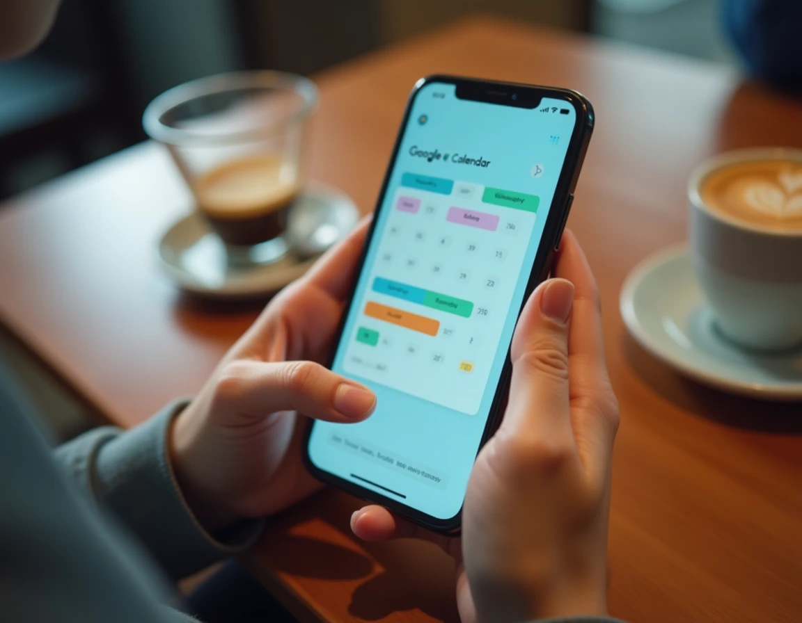 Gros plan sur un smartphone affichant Google Agenda avec semaines paires et impaires colorées, tenu dans les mains dans un café