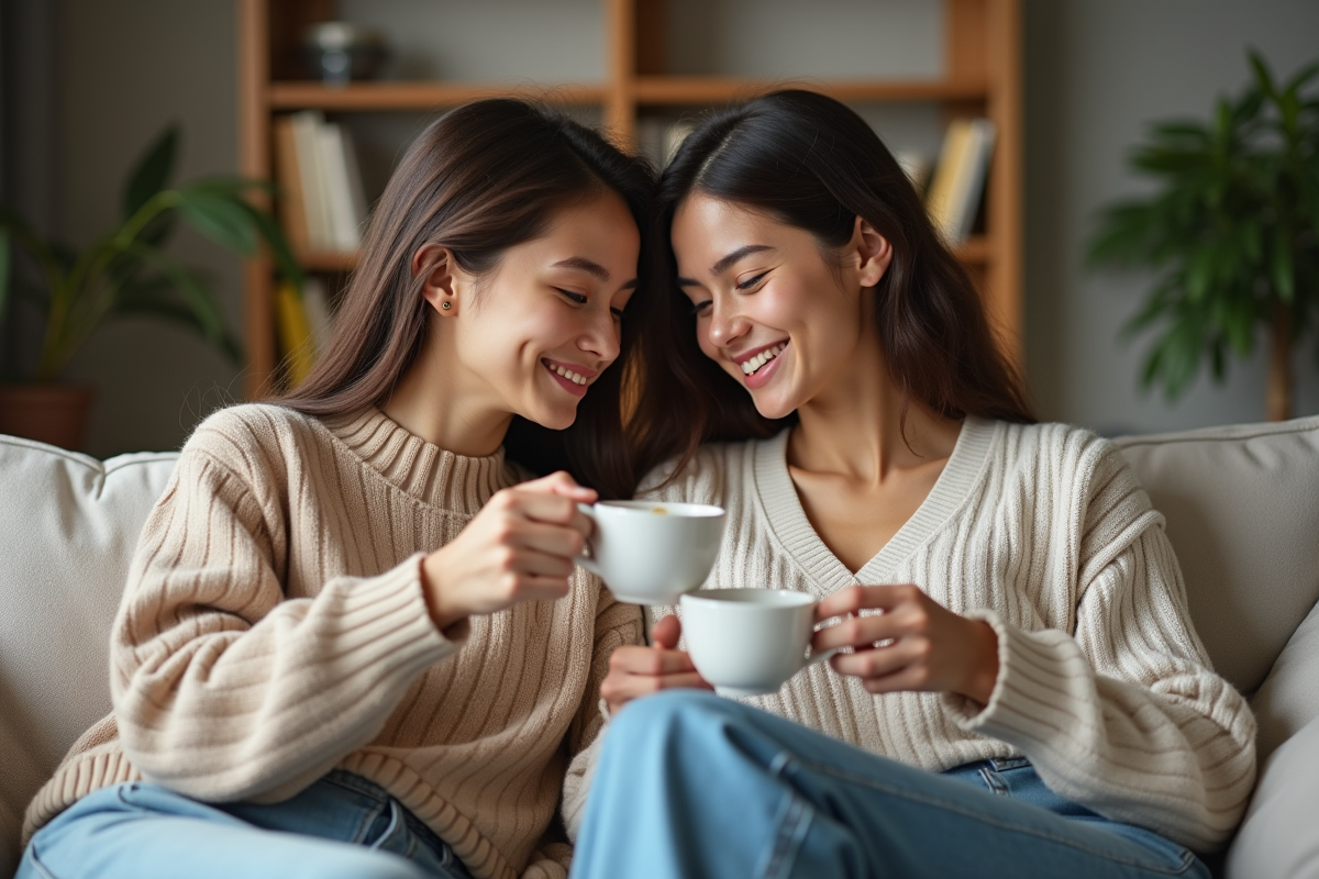 Deux soeurs adultes partageant un thé dans le salon