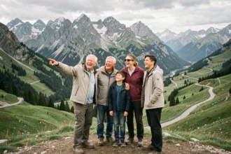 Famille multigénérationnelle profitant d'une sortie en plein air dans les montagnes de l'Isère avec un panorama alpin