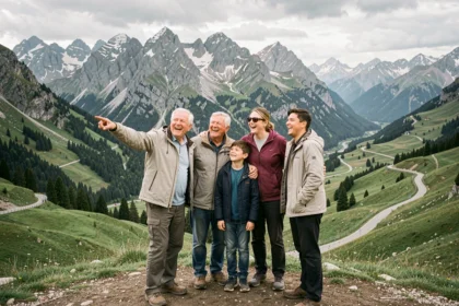 Famille multigénérationnelle profitant d'une sortie en plein air dans les montagnes de l'Isère avec un panorama alpin
