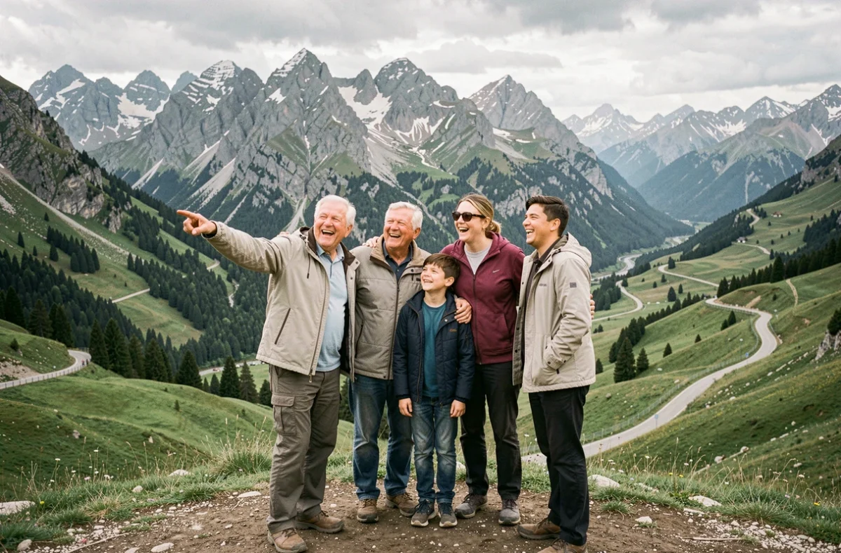 Famille multigénérationnelle profitant d'une sortie en plein air dans les montagnes de l'Isère avec un panorama alpin