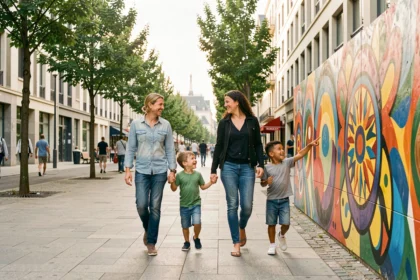 Famille heureuse se promenant dans une rue animée de Seine-Saint-Denis lors d'une sortie en famille