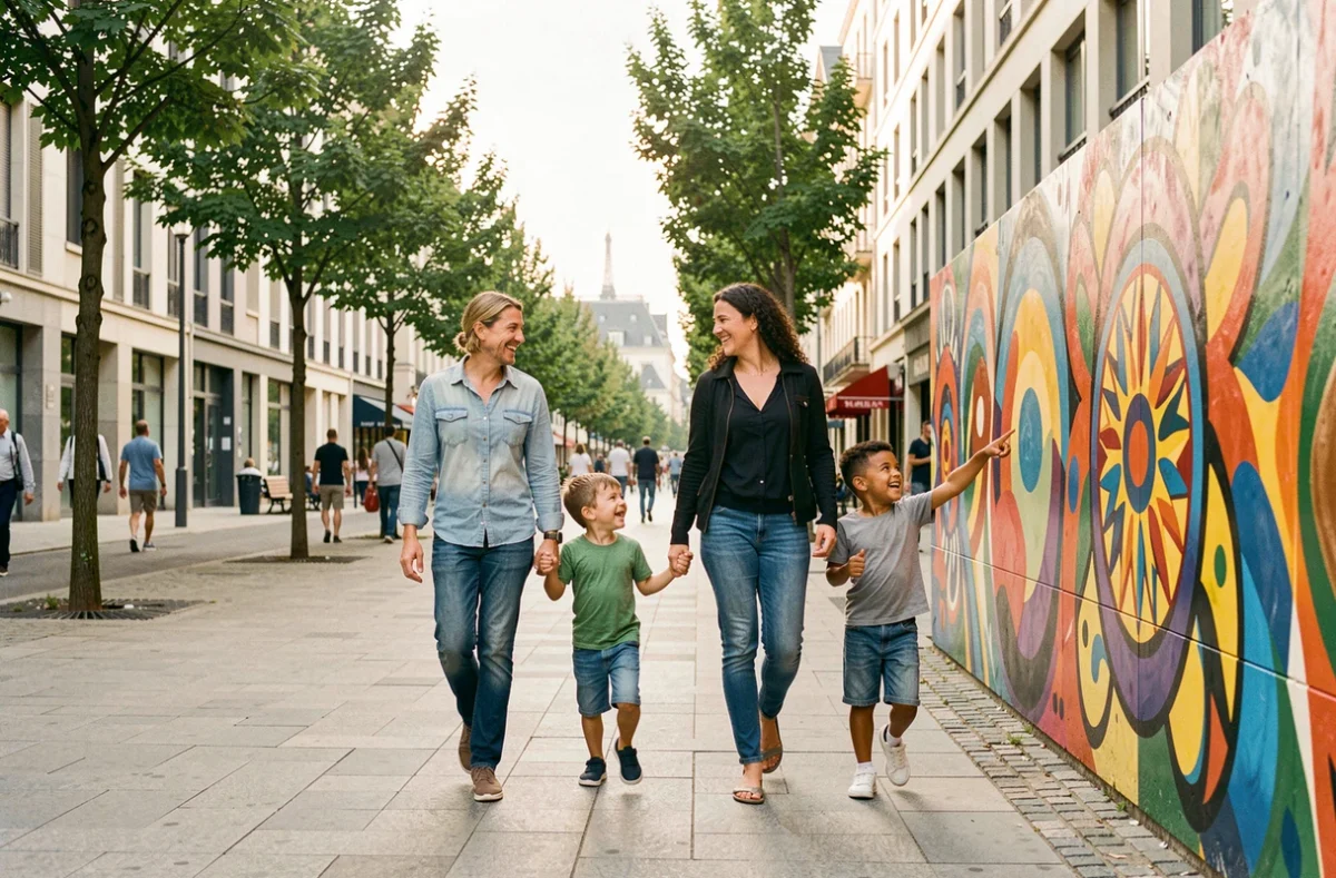 Famille heureuse se promenant dans une rue animée de Seine-Saint-Denis lors d'une sortie en famille