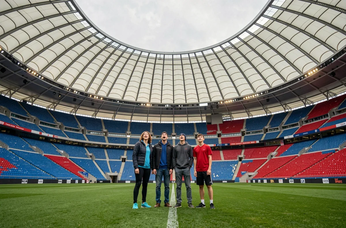 Famille visitant le Stade de France et debout sur la pelouse entourée des tribunes emblématiques