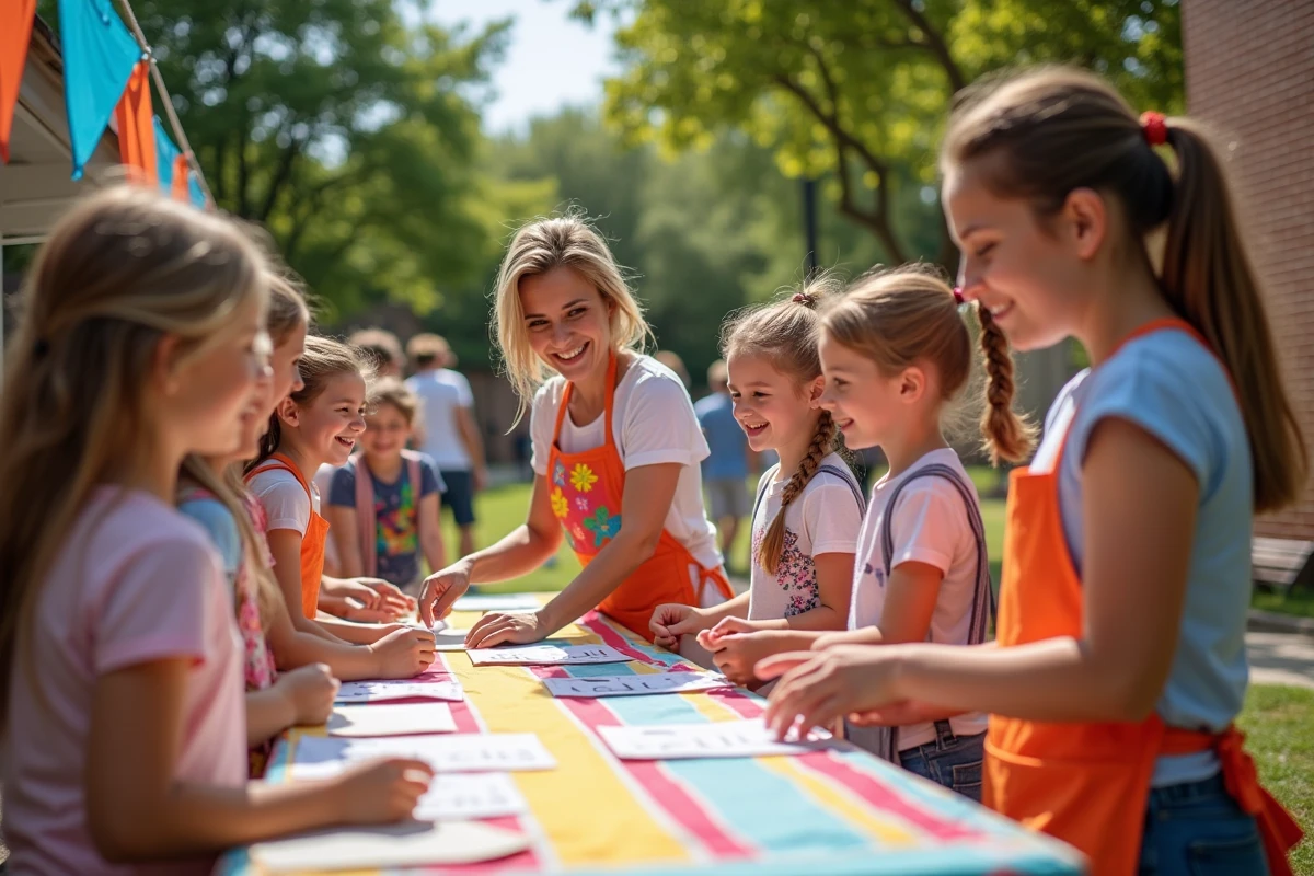 Stand de kermesse en plein air avec animatrices et enfants recevant des fiches de jeux imprimées