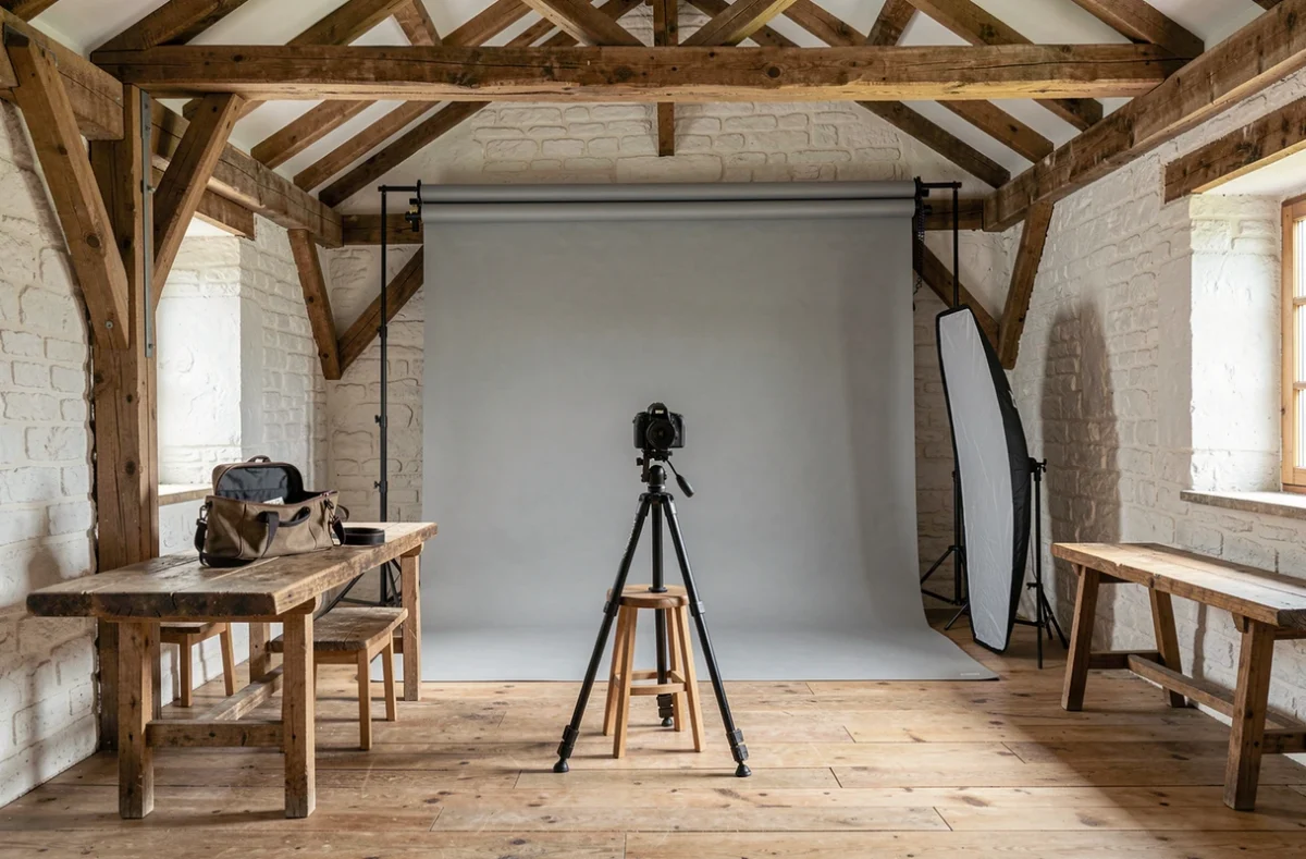 Studio photo aménagé dans une ancienne grange en pierre dans les Ardennes belges