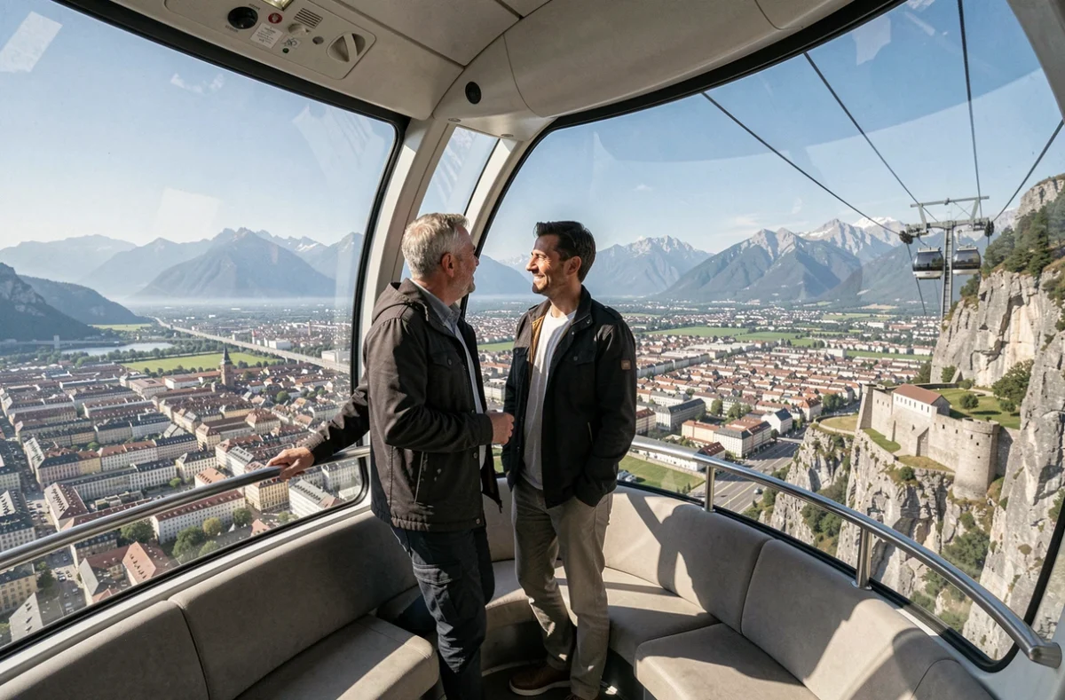 Couple dans une cabine du téléphérique de Grenoble Bastille contemplant le panorama de la ville et des Alpes depuis les airs