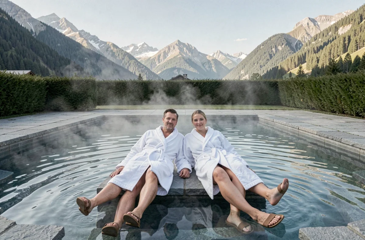 Couple en robes de bain se détendant dans un bassin thermal extérieur aux Thermes d'Allevard en Isère