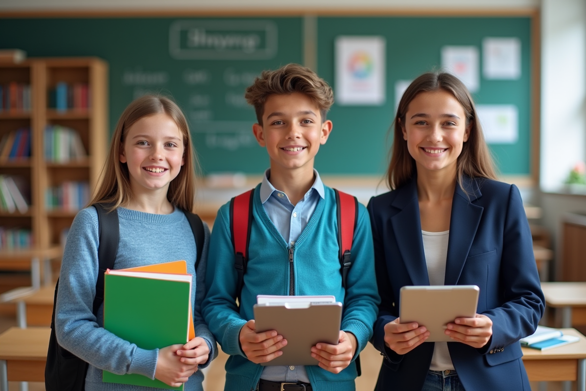 Trois élèves avec objets éducatifs dans une salle moderne