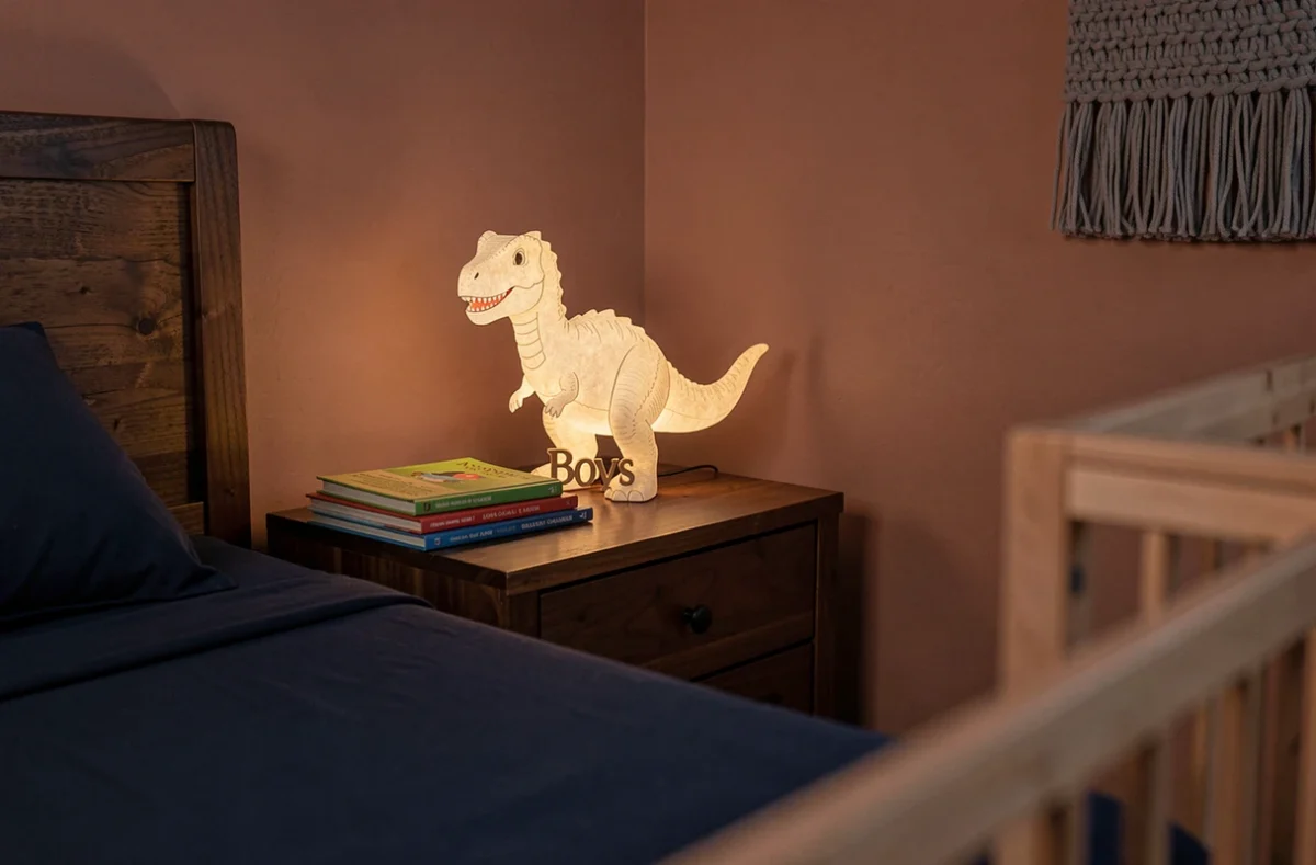 Veilleuse bébé personnalisée en forme de dinosaure avec prénom gravé dans un coin de chambre garçon décorée en bleu marine et bois naturel