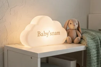 Veilleuse bébé personnalisée en forme de nuage avec prénom gravé posée sur une étagère de chambre d'enfant en bois blanc