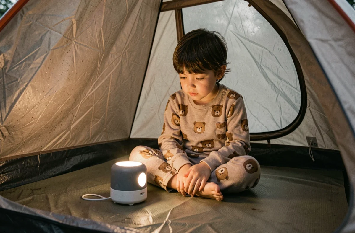 Veilleuse nomade portable dans une tente avec un enfant en pyjama explorant l'appareil lors d'un voyage en camping