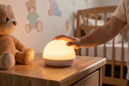Enfant de 4 ans touchant une veilleuse tactile posée sur une table de nuit en bois dans une chambre décorée de stickers pastels