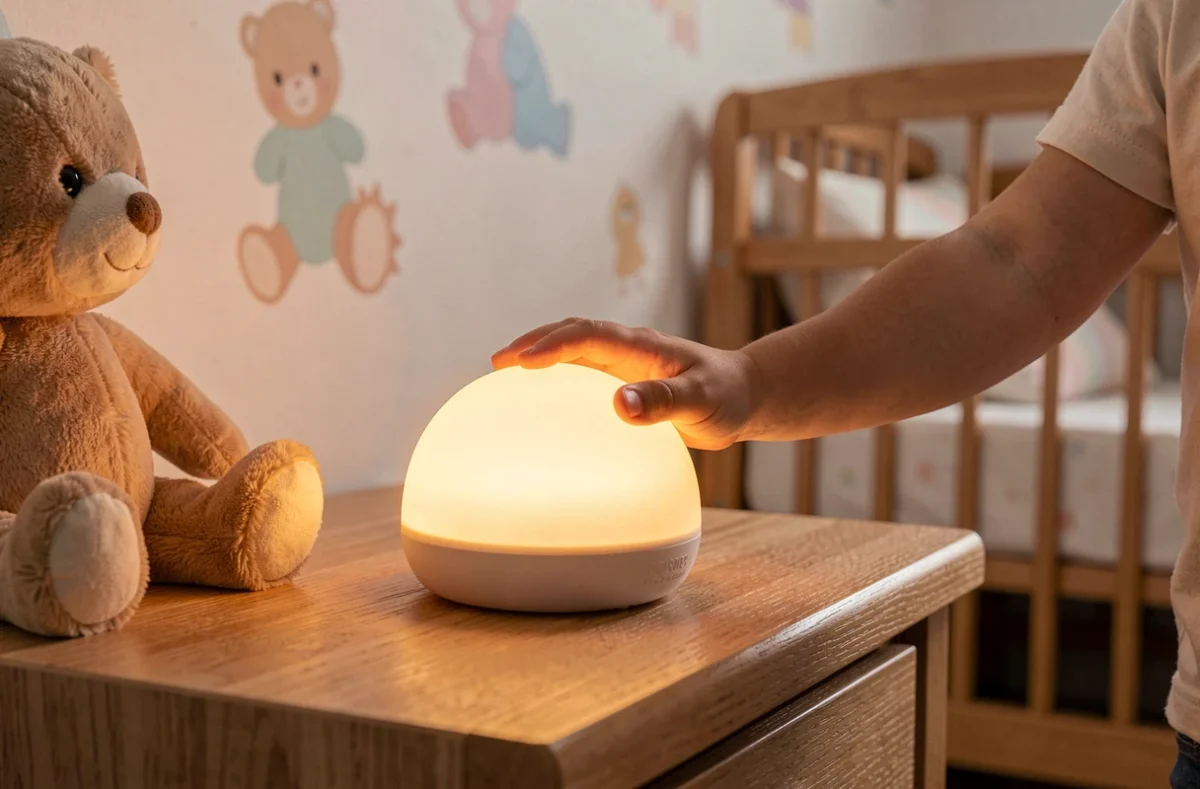 Enfant de 4 ans touchant une veilleuse tactile posée sur une table de nuit en bois dans une chambre décorée de stickers pastels