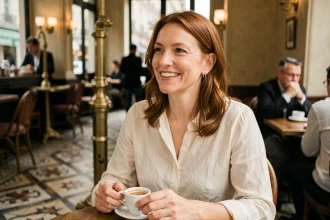 Femme souriante attablée dans un café parisien, illustrant la vie sentimentale et le quotidien d'une personnalité publique française
