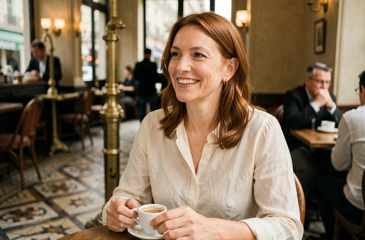 Femme souriante attablée dans un café parisien, illustrant la vie sentimentale et le quotidien d'une personnalité publique française
