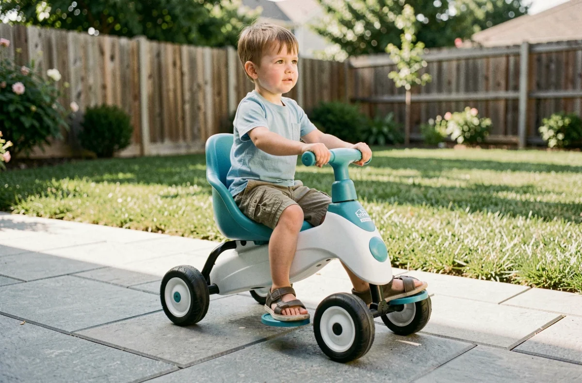 Enfant de 4 ans pédalant sur une voiture évolutive blanche dans un jardin ensoleillé montrant le réglage du siège adaptatif